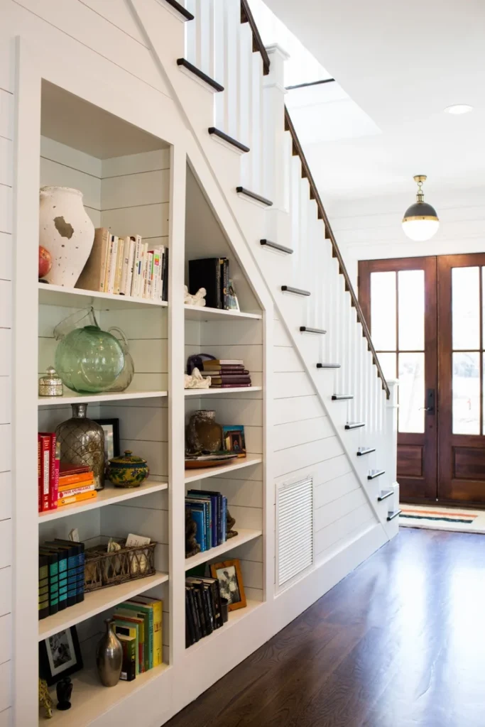Open-shelves-collection-display-under-stairs